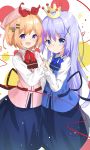  2girls :d blue_bow blue_eyes blue_hair blue_skirt blue_vest blush bow closed_mouth collared_shirt crown flower gochuumon_wa_usagi_desu_ka? hair_flower hair_ornament hair_ribbon hairclip highres holding_hands hoto_cocoa interlocked_fingers kafuu_chino light_brown_hair long_sleeves mini_crown multiple_girls open_mouth pink_flower pink_vest purple_eyes rabbit_house_uniform red_bow red_ribbon ribbon shiraki_shiori shirt skirt smile uniform vest waitress white_shirt x_hair_ornament 