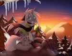  carrot detailed_background duo equid equine feral food grey_body hair holding_food holding_object horn jackalope kidaoriginal lagomorph light lighting mammal mountain plant rock scarf sitting sky snow sunset tree vegetable white_hair 