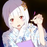  1girl bangs commentary_request eyebrows_visible_through_hair fireworks floral_print granbelm hair_ornament japanese_clothes kimono kunney long_sleeves looking_at_viewer mole mole_under_eye red_eyes short_hair sleeves_pushed_up solo sparkler sparks tsuchimikado_kuon upper_body white_hair yukata 