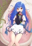  1girl absurdres bathtub blue_hair blurry blurry_foreground blush commentary covering covering_chest covering_mouth depth_of_field dress faucet feet_out_of_frame fern food from_above fruit hat hat_removed headwear_removed highres hinanawi_tenshi holding holding_hat kanpa_(campagne_9) knees_together leaf long_hair lying no_pants on_back partially_submerged peach petals puffy_short_sleeves puffy_sleeves red_eyes rose_petals sash short_sleeves solo touhou very_long_hair wet wet_clothes wet_hair white_dress 
