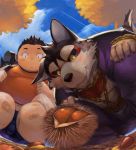  anthro black_sclera canid canine canis chain clothed clothing detailed_background domestic_dog duo fur garmr human kenta_(tas) male mammal multicolored_body multicolored_fur open_shirt shirt tokyo_afterschool_summoners topwear two_tone_body two_tone_fur video_games yellow_eyes ｎion 