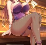  1girl arm_support bar bottle breasts cup drinking_glass fate/grand_order fate_(series) head_out_of_frame highleg highleg_leotard highres ijima_yuu indoors large_breasts leg_garter leotard long_hair navel open_mouth pantyhose parted_lips piercing_bunny playboy_bunny purple_hair purple_leotard scathach_(fate) solo very_long_hair wine_glass 