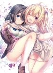  2girls ;d black_hair blonde_hair blue_eyes commentary_request hair_ornament hug loafers multiple_girls one_eye_closed open_mouth original panties panty_pull pink_panties purple_eyes ryo shoes smile socks underwear white_legwear white_panties 