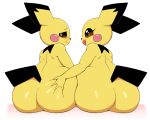  2019 4_fingers :s anthro big_butt black_body black_fur blush brown_eyes butt butt_grab dipstick_ears duo eye_contact eyelashes female fingers fur hand_on_butt happy hi_res looking_at_another looking_away multicolored_ears nintendo pichu pok&eacute;mon pok&eacute;mon_(species) pok&eacute;morph pururing rear_view short_stack shy simple_background sitting video_games white_background yellow_body yellow_fur 