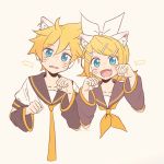  1boy 1girl animal_ears bangs black_collar black_sleeves blonde_hair blue_eyes bow cat_ears collar commentary cropped_torso detached_sleeves fang fish hair_bow hair_ornament hairclip hands_up headphones highres kagamine_len kagamine_rin light_blush looking_at_viewer m0ti necktie open_mouth paw_pose sailor_collar school_uniform shirt short_hair short_ponytail short_sleeves sleeveless sleeveless_shirt smile spiked_hair swept_bangs upper_body vocaloid whiskers white_bow white_shirt 