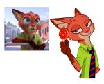  anthro canid canine clothed clothing dipstick_ears disney food fox fur gloves_(marking) holding_food holding_object hybrid inner_ear_fluff lagomorph leporid looking_at_viewer mammal markings multicolored_ears necktie nick_wilde orange_body orange_fur pawpsicle popsicle purple_eyes rabbit red_fox shirt smile solo theblueberrycarrots topwear tuft zootopia 