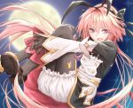  1boy ass astolfo_(fate) astolfo_(saber)_(fate) bangs black_bow black_dress black_footwear black_gloves black_legwear black_neckwear black_ribbon blurry blurry_background blush bow bowtie buttons commentary_request dress fang fate/grand_order fate_(series) full_moon gloves hair_between_eyes hair_bow hair_intakes hair_ribbon highres hu-ca juliet_sleeves layered_skirt leg_hug long_hair long_sleeves looking_at_viewer low_twintails moon multicolored_hair night night_sky open_mouth otoko_no_ko partial_commentary pink_hair puffy_sleeves purple_eyes ribbon skirt sky smile solo streaked_hair twintails white_bloomers white_hair white_skirt wide_sleeves wing_collar 