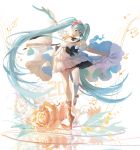  absurdres aqua_eyes aqua_hair ballerina ballet_slippers beamed_sixteenth_notes black_bow black_ribbon blurry blurry_background bow chinese_commentary commentary dancing dated depth_of_field dress dress_bow eighth_note flower frilled_dress frilled_sleeves frills full_body hair_flower hair_ornament hatsune_miku highres layered_dress leaf leg_up long_hair looking_at_viewer miku_with_you_(vocaloid) musical_note neck_ribbon outstretched_arms petals puffy_sleeves quarter_note reflection ribbon ripples short_sleeves skirt_hold smile standing standing_on_one_leg stuko treble_clef twintails very_long_hair vocaloid white_dress white_flower white_legwear 