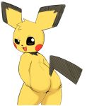  2019 ambiguous_gender anthro black_body black_fur black_nose brown_eyes butt dipstick_ears fur half-closed_eyes multicolored_ears narrowed_eyes nintendo open_mouth pichu pok&eacute;mon pok&eacute;mon_(species) pok&eacute;morph pururing short_stack simple_background solo spread_butt spreading teasing tongue video_games white_background yellow_body yellow_fur 