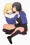  2girls bc_freedom_school_uniform black_hair blonde_hair dark_skin girls_und_panzer hug long_sleeves medium_hair messy_hair multiple_girls one_eye_closed open_mouth school_uniform smile sweater sweater_around_neck tan3charge 