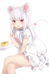  1girl :o albino amashiro_natsuki animal_ears bangs bare_legs black_neckwear black_ribbon blunt_bangs blush bow cake crossed_legs dress food fork gloves hair_bow heart highres holding holding_fork holding_plate invisible_chair looking_at_viewer mouse_ears mouse_girl mouse_tail neck_ribbon open_mouth original pink_bow pink_eyes plate ribbon sitting slice_of_cake solo_focus tail tail_bow thighs white_bow white_dress white_gloves white_hair 