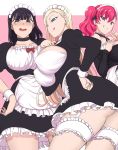  3girls aiue_oka apron ass black_hair blonde_hair blue_eyes breasts earrings eyebrows_visible_through_hair highres jewelry large_breasts licking_lips maid maid_apron maid_headdress multiple_girls red_hair saimin_seishidou source_request thighs tongue tongue_out 