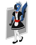  2019 absurd_res anthro avian beak bird blue_body blue_feathers blue_macaw blue_sky_studios brown_eyes claws clothing digital_media_(artwork) dress feathers footwear fur girly hi_res legwear looking_at_viewer looking_pleasured maid_uniform male marothedarkrabbit_(artist) rio_(series) shoes simple_background smile solo tiago_(rio) uniform white_background young 