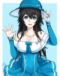  1girl absurdres artist_name bare_shoulders black_hair blue_background blue_bow blue_dress blue_eyes blue_headwear bow breasts cleavage collarbone commentary dress hair_between_eyes hat highres large_breasts long_hair looking_at_viewer shiina_mayuri simple_background smile solo steins;gate unique_(pixiv12704744) white_background 