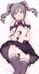  1girl ascot bangs bare_shoulders black_dress black_legwear blush book bow bow_panties choker dress drill_hair embarrassed eyebrows_visible_through_hair grey_hair hair_ornament hair_ribbon idolmaster idolmaster_cinderella_girls jp06 kanzaki_ranko looking_at_viewer lying on_back panties petticoat purple_eyes purple_legwear red_eyes ribbon short_twintails silver_hair sketchbook solo spaghetti_strap thighhighs twin_drills twintails underwear upskirt white_panties worried 