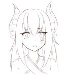  1girl bangs bare_shoulders collarbone commentary_request criss-cross_halter dragon_girl dragon_horns eyebrows_visible_through_hair facial_mark hair_between_eyes halterneck horns ibuki_notsu long_hair looking_at_viewer melusine_(ibuki_notsu) monochrome open_mouth original pointy_ears portrait sidelocks simple_background solo white_background 