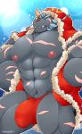  2017 abs beard big_bulge big_muscles black_body black_fur blue_hair bulge candy candy_cane christmas clothing demon facial_hair food fur hair holidays hoodie huge_muscles krampus_(housamo) looking_at_viewer male muscular muscular_male nipples pecs penis_outline pink_nipples red_nose scar schwarzfox solo standing thong tokyo_afterschool_summoners topwear underwear video_games 