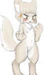  2019 absurd_res alternate_species anthro blush bodily_fluids breasts canid canine chest_tuft cute_fangs digitigrade facial_markings female fur hair head_markings hi_res mammal markings nia_(xenoblade) nude open_mouth post_transformation powan_po40 short_hair silver_hair simple_background solo standing surprise sweat tan_body tan_fur tuft white_background xenoblade_chronicles yellow_eyes 