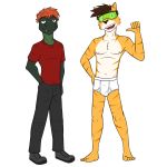  anthro briefs bulge clothed clothing duo eyewear felid fully_clothed fuze goggles hypnotic_visor lizard male mammal mind_control navel nipples pantherine reptile scalie simple_background tiger tighty_whities topless underwear underwear_only white_background 