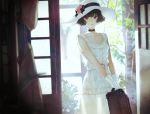  1girl backlighting bangs belt black_choker black_hair bob_cut breasts buckle buttons choker collarbone day dress frills gloves hat holding_case indoors looking_at_viewer luggage original parted_lips short_hair sidelocks sleeveless sleeveless_dress small_breasts solo sun_hat tree white_dress white_gloves white_headwear yasukura_(shibu11) 