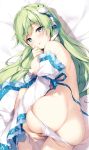  1girl ass bangs bed_sheet blue_eyes blush breasts censored commentary_request cowboy_shot detached_sleeves eyebrows_visible_through_hair frog_hair_ornament green_hair hair_ornament hair_tubes hand_up heart heart_censor kochiya_sanae large_breasts long_hair long_sleeves looking_at_viewer lying miyase_mahiro nude panties parted_lips skindentation snake_hair_ornament solo touhou underwear white_panties wide_sleeves 