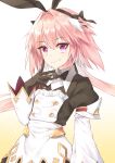  1boy astolfo_(fate) astolfo_(saber)_(fate) bangs black_bow black_gloves black_ribbon blush bow bowtie commentary_request eyebrows_visible_through_hair fang fate/grand_order fate_(series) gintama_10102 gloves hair_bow hair_intakes hair_ribbon highres long_hair long_sleeves looking_at_viewer multicolored_hair otoko_no_ko pink_hair purple_eyes ribbon skin_fang smile solo streaked_hair twintails white_hair 