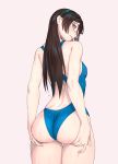  1girl alternate_costume ass ass_grab bangs bare_arms bare_shoulders black_hair blue_swimsuit blush breasts commentary_request competition_swimsuit cowboy_shot eyebrows_visible_through_hair from_behind glasses green_eyes hairband highleg highleg_swimsuit highres kantai_collection long_hair looking_at_viewer looking_back one-piece_swimsuit ooyodo_(kantai_collection) parted_lips semi-rimless_eyewear simple_background skindentation small_breasts solo standing swimsuit under-rim_eyewear water water_drop wet yuuji_(and) 