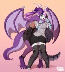  2019 4_toes 5_fingers anthro breasts canid canine canis charmrage clothed clothing digital_media_(artwork) domestic_dog dragon eyebrows eyelashes female fingers hair horn hug hugging_from_behind mammal membrane_(anatomy) membranous_wings open_mouth purple_hair scalie teeth toes tongue western_dragon wings 