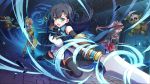  3girls battle black_hair cello_(konosuba) dungeon erika_(konosuba) goblin green_eyes hair_ornament hairclip kono_subarashii_sekai_ni_shukufuku_wo! leah_(konosuba) long_hair multiple_girls polearm shield skull spear underground weapon 