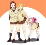 3girls :d bent_over black_legwear blonde_hair blush bow bowtie breasts commentary_request crossed_arms forehead gyaru kneehighs large_breasts loafers loose_socks multiple_girls open_mouth original pink_eyes pink_hair purple_eyes purple_hair school_uniform shoes skirt skirt_lift small_breasts smile suruga_kreuz sweatdrop teeth white_background 