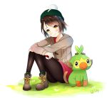  1girl bangs black_legwear blush brown_hair full_body gen_8_pokemon green_headwear grey_cardigan grookey highres holding holding_poke_ball hood hood_down hooded_cardigan kimme1107 looking_at_viewer miniskirt pantyhose pink_skirt poke_ball pokemon pokemon_(creature) pokemon_(game) pokemon_swsh shiny shiny_hair short_hair simple_background sitting skirt smile solo swept_bangs white_background yellow_eyes yuuri_(pokemon) 