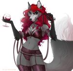  absurd_res alcohol anthro beverage bra canid canine clothing dominatrix female fox hair hi_res kikimochan lace lingerie long_hair looking_at_viewer mammal open_mouth panties pussy red_eyes red_hair simple_background solo translucent translucent_clothing translucent_panties translucent_underwear underwear vampire vermillion whip wine 