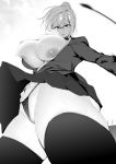  1girl bouncing_breasts breasts bursting_breasts glasses hakai_shin highres huge_breasts looking_at_viewer looking_down monochrome nipples panties parted_lips ponytail prison_school riding_crop school_uniform shiraki_meiko short_hair skirt solo thick_thighs thighhighs thighs tied_hair underwear 