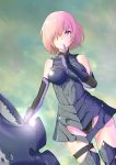  1girl absurdres armored_boots armored_leotard black_leotard boots breasts breasts_apart dutch_angle elbow_gloves fate/grand_order fate_(series) finger_to_mouth gloves hair_over_one_eye highres index_finger_raised leotard looking_at_viewer mash_kyrielight medium_breasts outdoors p.i.t.d parted_lips pink_hair purple_eyes shiny shiny_hair short_hair solo standing tears thigh_boots thigh_strap thighhighs 