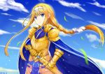  1girl alice_schuberg armor armored_dress artist_name bangs blonde_hair blue_eyes blue_sky braid cloud commentary eyebrows_visible_through_hair floating_hair gold_armor hairband highres holding long_hair looking_at_viewer outdoors rinse_7 sky solo standing sword sword_art_online very_long_hair weapon white_hairband 