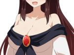  1girl ;d bare_shoulders breasts brooch brown_hair cato_(monocatienus) cleavage collarbone commentary_request dress facing_viewer fang head_out_of_frame imaizumi_kagerou jewelry large_breasts long_hair long_sleeves off-shoulder_dress off_shoulder one_eye_closed open_mouth sidelocks simple_background skin_fang smile solo touhou white_background white_dress 