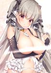  1girl :d :o arm_under_breasts azur_lane bangs bare_shoulders between_breasts black_dress blush breasts breasts_outside cleavage collarbone detached_collar dress earrings eyebrows_visible_through_hair formidable_(azur_lane) frilled_dress frills garter_belt grey_hair hair_ribbon hair_twirling head_tilt jewelry kino_(kino_konomi) large_breasts light_censor long_hair long_sleeves looking_at_viewer navel open_mouth red_eyes ribbon sidelocks smile solo stomach twintails two-tone_dress two-tone_ribbon very_long_hair 