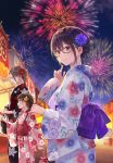  3girls :d aerial_fireworks black-framed_eyewear black_kimono blue_eyes blue_flower blurry blurry_background blush braid brown_eyes brown_hair closed_mouth commentary_request depth_of_field fan fireworks floral_print flower fukahire_(ruinon) glasses hair_flower hair_ornament highres holding holding_fan japanese_clothes kimono long_hair low_twintails multiple_girls night night_sky obi open_mouth original outdoors paper_fan pink_flower pink_kimono print_kimono purple_eyes red_flower sash semi-rimless_eyewear sky smile stall twin_braids twintails uchiwa under-rim_eyewear very_long_hair white_flower white_kimono yellow_flower 