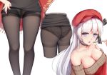  1girl :o absurdres aran_sweater ass azur_lane bangs belfast_(azur_lane) belfast_(shopping_with_the_head_maid)_(azur_lane) beret black_legwear black_panties blush breasts brown_sweater choker cleavage collarbone earrings food gei_daipf hat highres holding holding_food hoop_earrings jewelry lace lace-trimmed_panties large_breasts lifted_by_self long_hair looking_at_viewer multiple_views off-shoulder_sweater off_shoulder panties panties_under_pantyhose pantyhose pocky silver_hair simple_background skirt skirt_lift smile sweater thighs underwear white_background 