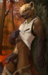  2019 anthro balls black_body black_fur blonde_hair body_hair bottomwear brown_body brown_fur chunie clothed clothing clothing_lift detailed_background digital_media_(artwork) forest fur hair half-erect happy_trail hi_res hoodie humanoid_penis looking_at_viewer male mammal marten mustelid musteline navel navel_piercing outside pants pants_down partially_clothed partially_retracted_foreskin penis piercing pine_marten shirt shirt_lift shorts smile solo topwear tree uncut undressing 