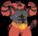  2016 anthro big_muscles black_body black_fur featureless_crotch flexing fur green_eyes grey_body grey_fur incineroar male muscular muscular_male nintendo pok&eacute;mon pok&eacute;mon_(species) pumadime red_body red_fur red_nose solo standing striped_body striped_fur stripes video_games yellow_sclera 