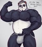  2019 absurd_res anthro belly black_body black_fur blush bulge clothing cute_fangs english_text eyes_closed flexing fur giant_panda hi_res humanoid_hands jockstrap male mammal moobs muscular muscular_male navel nipple_piercing nipples piercing ruslorc slightly_chubby solo text underwear ursid white_body white_fur 