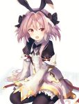  1boy astolfo_(fate) astolfo_(saber)_(fate) bangs black_bow blush bow braid commentary_request dress eyebrows_visible_through_hair fang fate/grand_order fate_(series) hair_between_eyes hair_bow hair_intakes hair_ribbon happiness_lilys long_hair looking_at_viewer male_focus multicolored_hair open_mouth otoko_no_ko pink_hair red_eyes ribbon simple_background single_braid sitting solo streaked_hair thighhighs white_background 