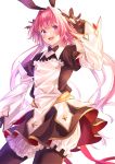  1boy absurdres astolfo_(fate) astolfo_(saber)_(fate) bangs black_bow black_gloves black_ribbon blush bow bowtie commentary_request eyebrows_visible_through_hair fang fate/grand_order fate_(series) gloves hair_bow hair_intakes hair_ribbon highres long_hair long_sleeves looking_at_viewer lq_saku multicolored_hair otoko_no_ko pink_hair purple_eyes ribbon simple_background skin_fang smile solo streaked_hair twintails v white_background white_hair 
