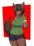  2019 absurd_res anthro beverage big_breasts bottomwear breasts brown_body brown_fur clothed clothing coffee cup digital_media_(artwork) female fingers fully_clothed fur hair hair_over_eyes hi_res jacket louise_(unfoundedanxiety) mammal marten mustelid musteline paladinpizza pine_marten shorts simple_background smile solo topwear 
