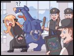  0_0 1girl arrest ayyk92 black_dress blonde_hair blue_eyes claws cuffs dragon dress flying_sweatdrops garchomp hair_ornament hair_over_one_eye handcuffs long_hair pokemon pokemon_(game) pokemon_dppt pokemon_swsh shirona_(pokemon) sweat tablet_pc 