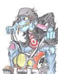  2019 3_fingers anthro armor bike_(disambiguation) biker blue_body blue_fur boots buckteeth clothed clothing damaged ear_piercing facial_hair fangs fingers footwear front_view fur hare headgear helmet hi_res hodgepodge_(krolik) jacket jewelry krolik lagomorph leather leather_jacket leporid long_ears male mammal markings motorcycle multicolored_body multicolored_fur piercing pink_body pink_fur portrait pose rabbit red_eyes scar sharp_teeth signature solo solo_focus surgical_suture tattoo teeth topwear traditional_media_(artwork) undead vehicle zombie 