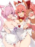  2girls animal_ear_fluff animal_ears apron arm_up armpits asymmetrical_docking back_bow bangs bare_hips bare_shoulders bell bell_collar blush bow breast_press breasts cat_ears cat_girl cat_hair_ornament cat_tail cleavage collar collarbone commentary_request cowboy_shot fang fate/grand_order fate_(series) finger_to_mouth fox_ears fox_girl fox_tail frilled_apron frills hair_between_eyes hair_bow hair_ornament hair_over_one_eye highres jingle_bell kemonomimi_mode large_breasts long_hair looking_at_viewer maid_headdress mash_kyrielight multiple_girls muryotaro naked_apron paw_pose pink_hair purple_bow purple_eyes red_bow short_hair simple_background skin_fang soap_bubbles strap_slip tail tamamo_(fate)_(all) tamamo_cat_(fate) v-shaped_eyebrows very_long_hair white_apron white_background white_bow 