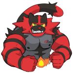  2016 anthro big_muscles black_body black_fur black_nipples flexing fur green_eyes grey_body grey_fur grin half-length_portrait incineroar looking_at_viewer male muscular muscular_male nintendo nipples pok&eacute;mon pok&eacute;mon_(species) portrait pumadime red_body red_fur red_nose simple_background smile solo striped_body striped_fur stripes video_games white_background yellow_sclera 