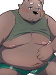  2019 anthro belly black_nose blush bodily_fluids bottomwear clothing humanoid_hands male mammal menmen_kesinn moobs navel nipples overweight overweight_male shirt shorts simple_background solo sweat topwear ursid 